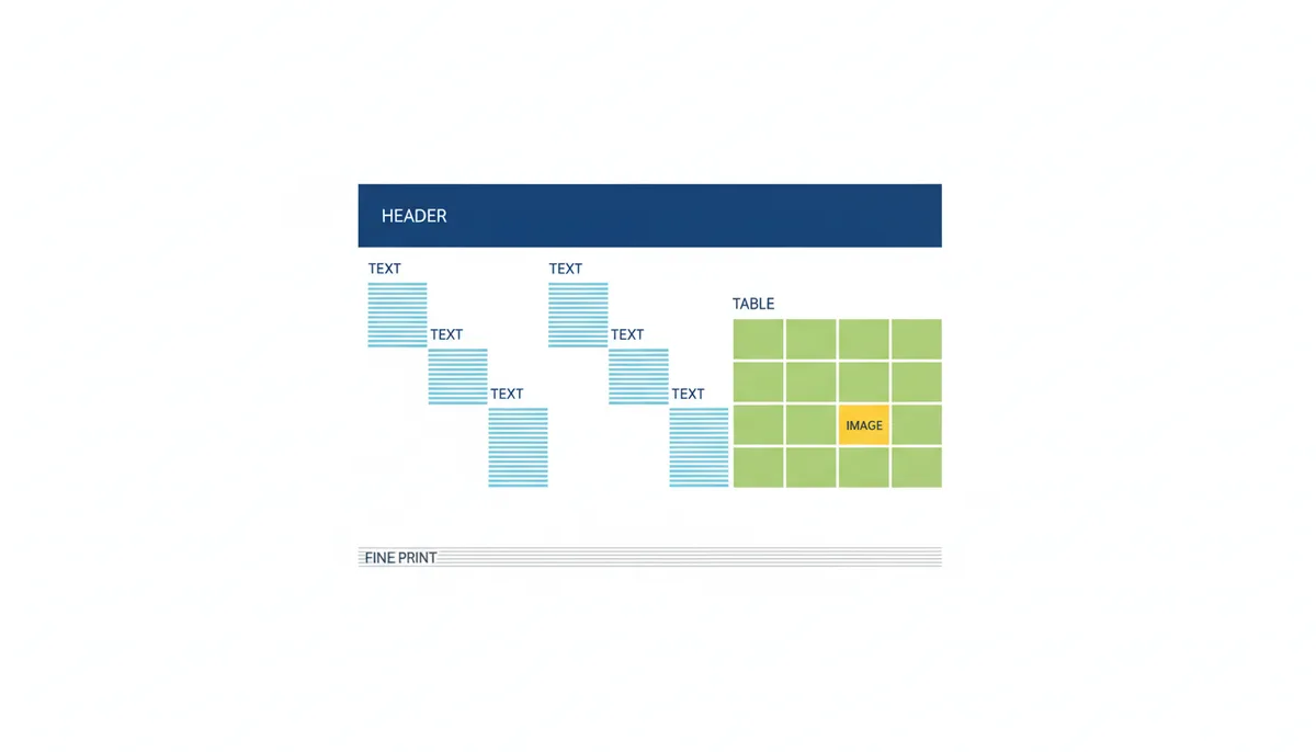 An abstract representation of a complex PDF page, showing a large header, two columns of text, a table, a small image placeholder, and a footnote section, all distinctively colored to highlight their different structures.