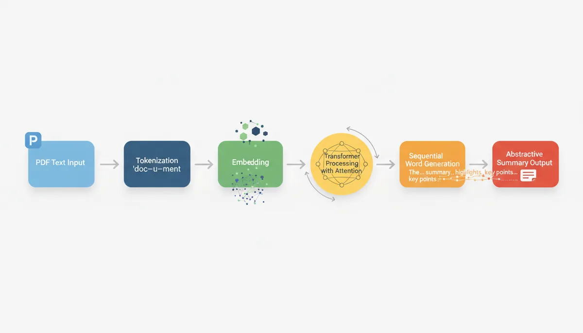 A flowchart illustrating the abstractive summarization process: PDF Text Input leads to Tokenization, then to Embedding, followed by Transformer Processing with Attention, which then leads to Sequential Word Generation, and finally to Abstractive Summary Output.
