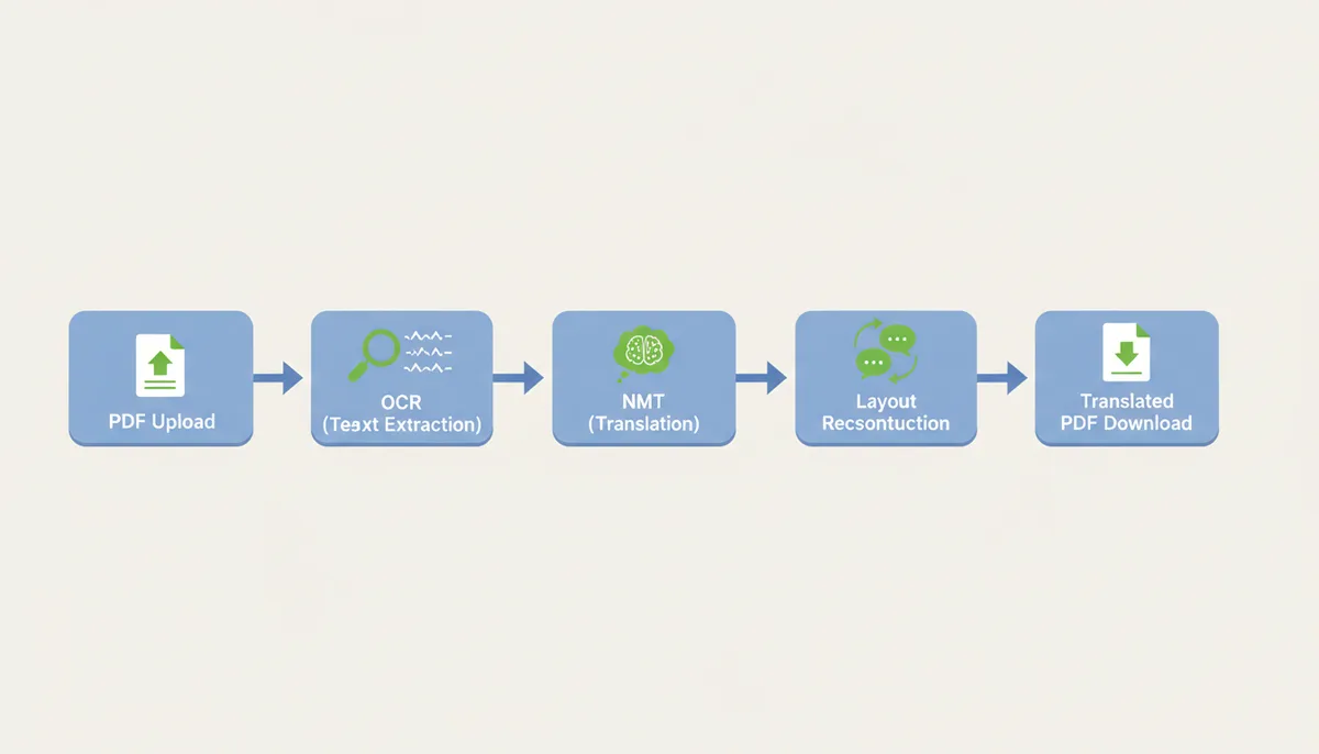 A flowchart showing six steps: PDF Upload, OCR (Text Extraction), NLP (Context Analysis), NMT (Translation), Layout Reconstruction, and Translated PDF Download, connected by arrows indicating the flow.