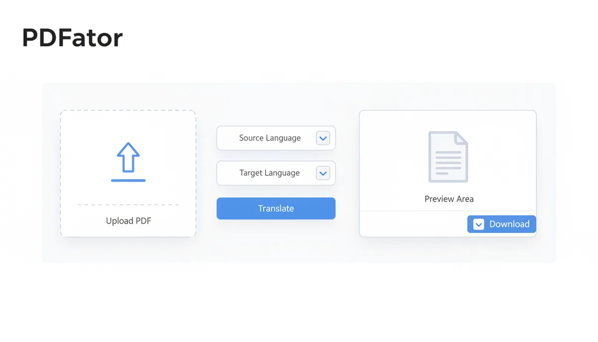 An illustration of the PDFator interface. It features an 'Upload PDF' section, 'Source Language' and 'Target Language' selectors, a 'Translate' button, a 'Preview Area' for the translated document, and a 'Download' button.