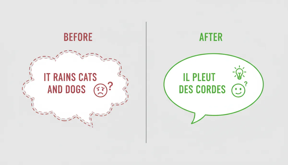 A 'Before and After' comparison. 'Before' shows a literal translation of an idiom, 'It rains cats and dogs', with a confused icon. 'After' shows the correct, natural translation in French, 'Il pleut des cordes', with an understanding icon.