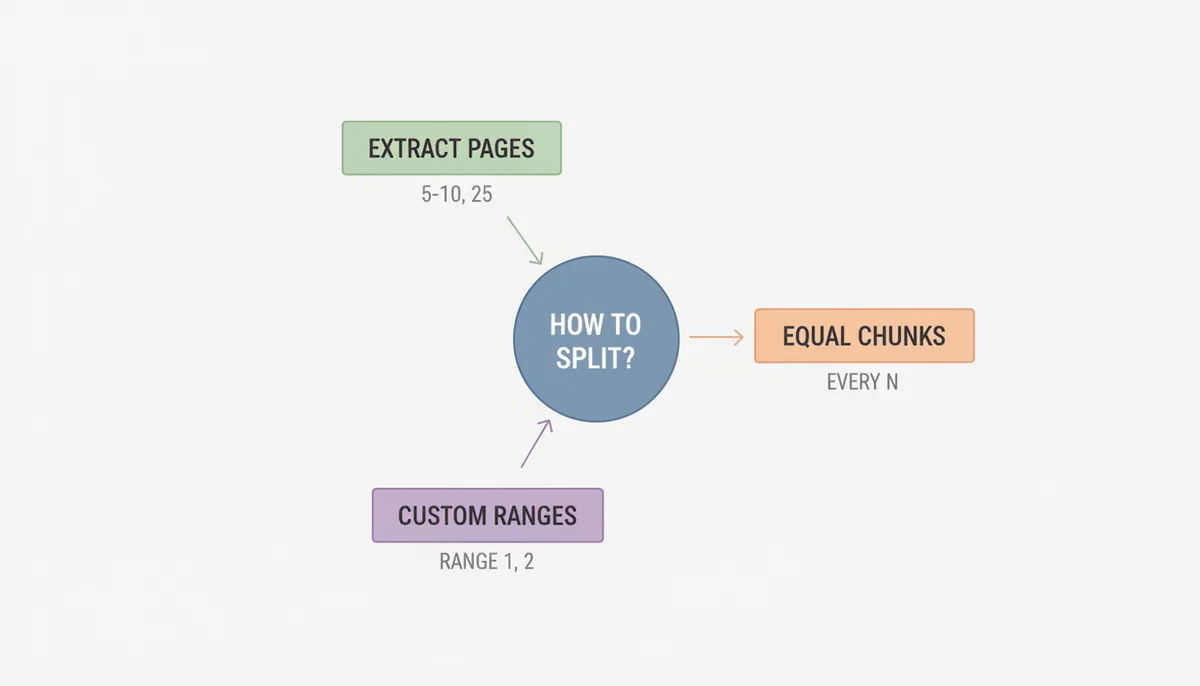 A decision flowchart for splitting PDFs. A central circle asks 'How do you want to split?'. Three arrows branch out to rectangles: 'Extract Specific Pages', 'Split into Equal Chunks', and 'Carve into Custom Ranges'.