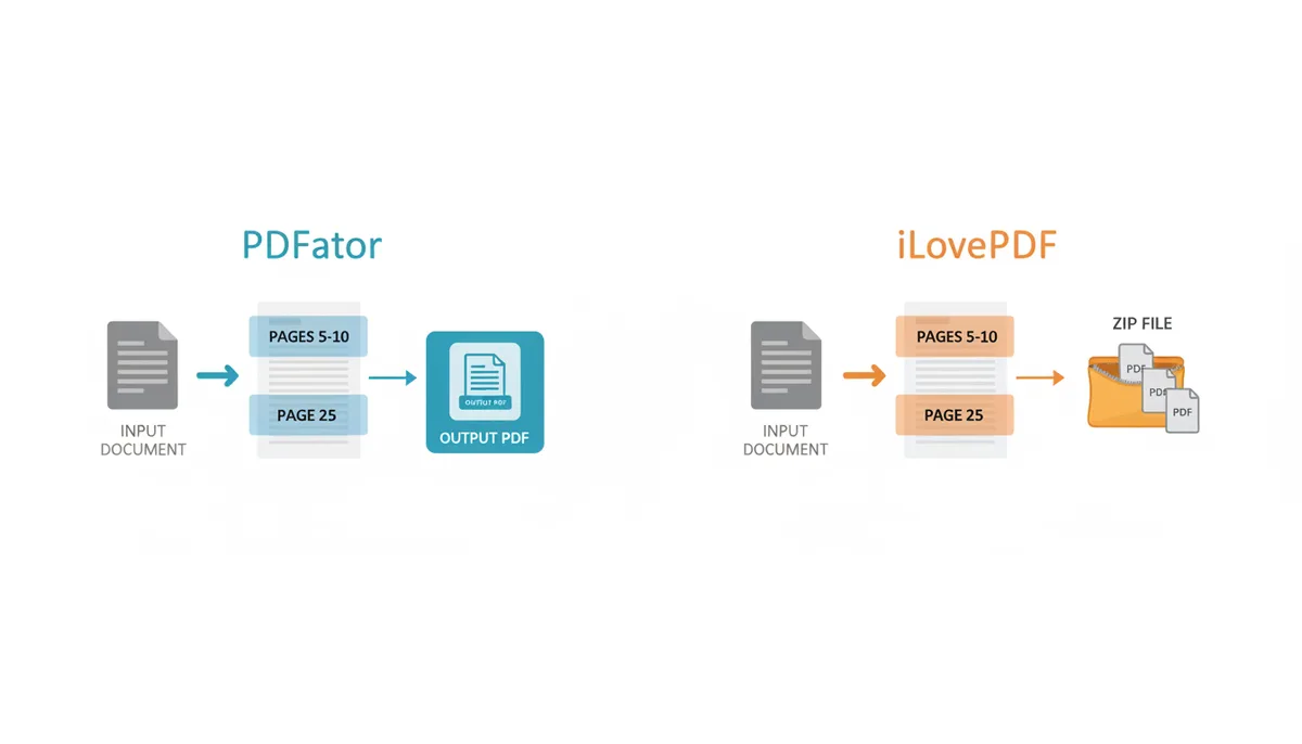 A comparison illustration showing PDFator and iLovePDF's PDF splitting capabilities. PDFator's side shows a document flowing into a single selection interface for '5-10, 25' then to a single output PDF. iLovePDF's side shows a document flowing into a similar selection interface, but then branches to indicate multiple output PDFs contained within a ZIP file.