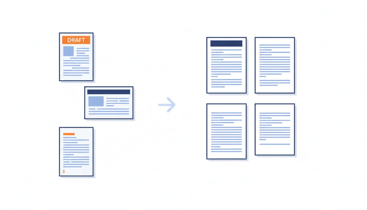 A before-and-after comparison. On the left, three document thumbnails with mixed page sizes, conflicting headers, and misplaced page numbers. On the right, three identical, standardized document thumbnails with clean layouts, illustrating proper preparation for merging.