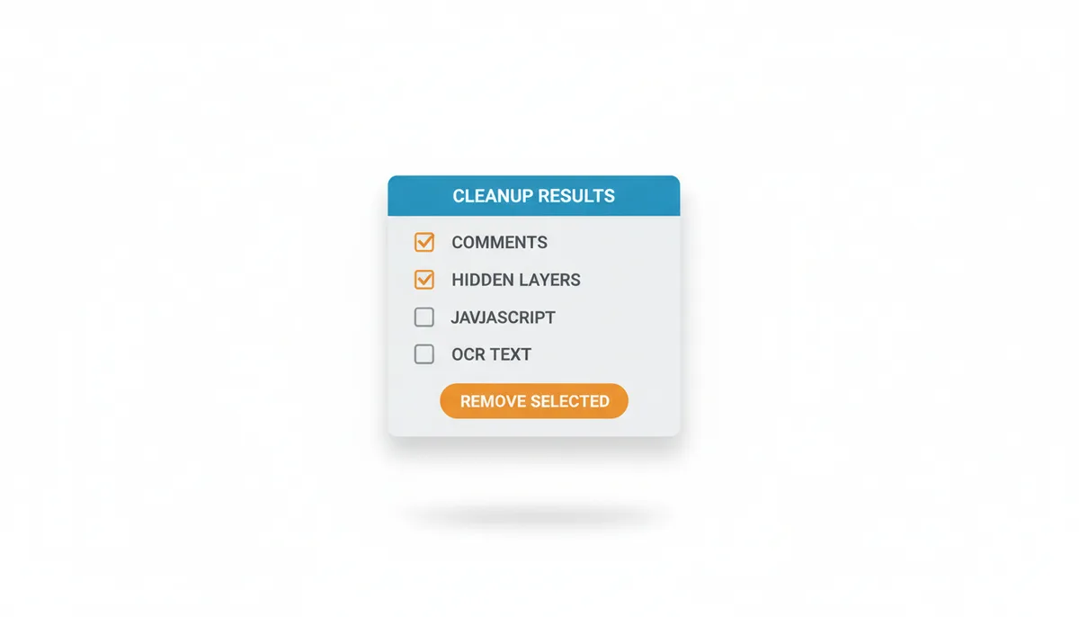 A stylized PDF editor panel showing detected hidden information. 'Comments,' 'Hidden Layers,' and 'JavaScript' are checked for removal, while 'OCR Text Layer' is unchecked, indicating it will be preserved.