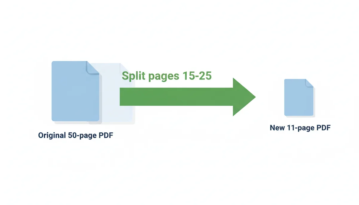 A diagram showing a large document icon labeled 'Original 50-page PDF' on the left. An arrow points to the right with the text 'Split pages 15-25' above it. On the right, a smaller document icon labeled 'New 11-page PDF'. The original document icon is still present, indicating it was not altered.