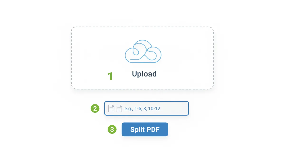 An abstract illustration of a user interface for splitting PDFs. A large dashed rectangle with a cloud icon is labeled '1: Drag-and-drop upload area'. Below it, a long horizontal bar with small rectangular thumbnails is labeled '2: Page range input box'. At the bottom, a rectangular button is labeled '3: Split PDF button'.