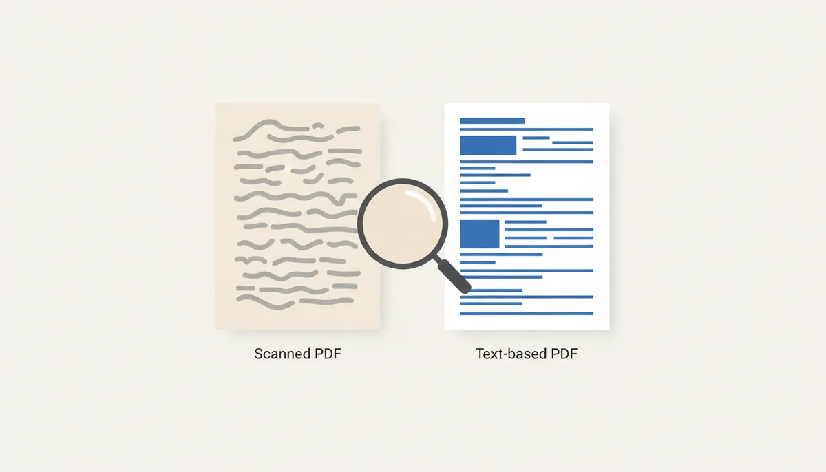 A side-by-side comparison of two document pages. The left page has blurry, image-like text, labeled 'Scanned PDF page'. The right page has sharp, clear, vector-like text, labeled 'Text-based PDF page'. A magnifying glass hovers over both, emphasizing the difference in text quality and structure.