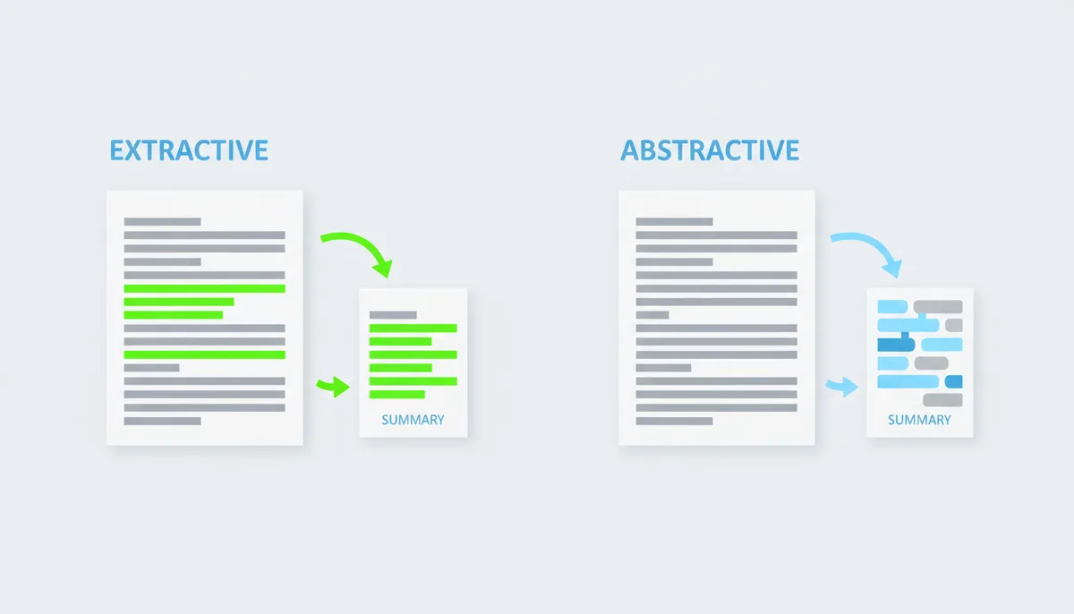 A two-panel illustration. The left panel shows a document with specific sentences highlighted and copied to form a summary (extractive). The right panel shows the same document with a new, rephrased summary created from its content (abstractive).