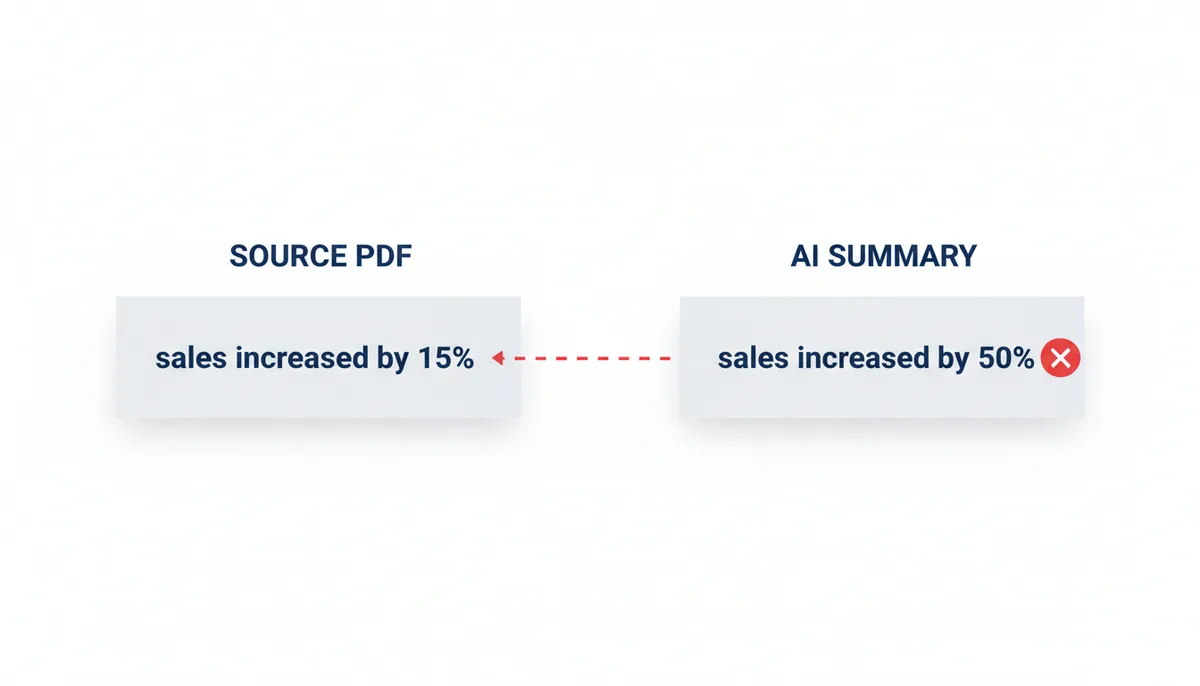A comparison showing a snippet from a source PDF stating 'sales increased by 15%' next to a snippet from an AI summary incorrectly stating 'sales increased by 50%', with a visual error indicator highlighting the discrepancy.