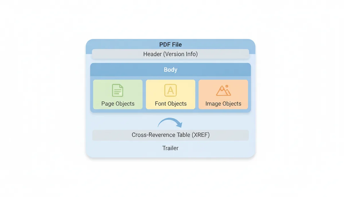 Diagram showing the internal structure of a PDF file: Header, Body (containing Page Objects, Font Objects, Image Objects), Cross-Reference Table, and Trailer.