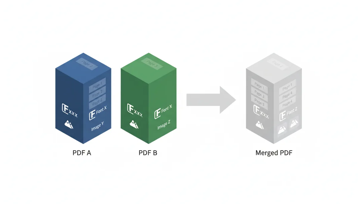 Flowchart showing two separate PDF files, each containing pages, fonts, and images, merging into a single PDF. The merged PDF combines all pages but includes duplicate elements like 'Font X' only once.
