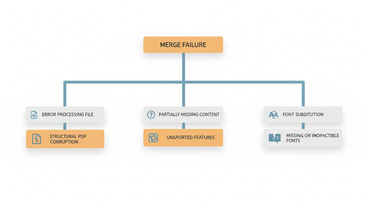 Decision tree diagram showing how to diagnose PDF merge failures: 'Error processing file' indicates structural corruption; 'Partially missing content' suggests unsupported features; 'Font substitution' points to missing or incompatible fonts.