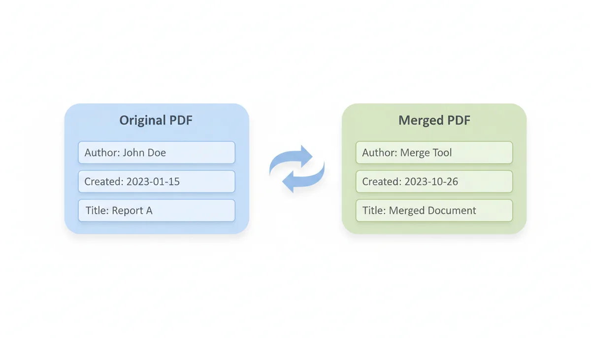 Comparison diagram of metadata fields before and after merging, showing original author, creation date, and title replaced with new values from the merge tool.