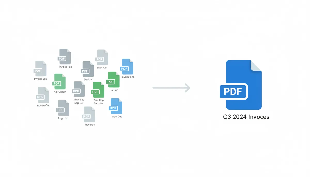A visual showing a transformation. On the left, twelve small, scattered PDF icons representing monthly invoices. On the right, a single, larger PDF icon representing a merged quarterly invoice.