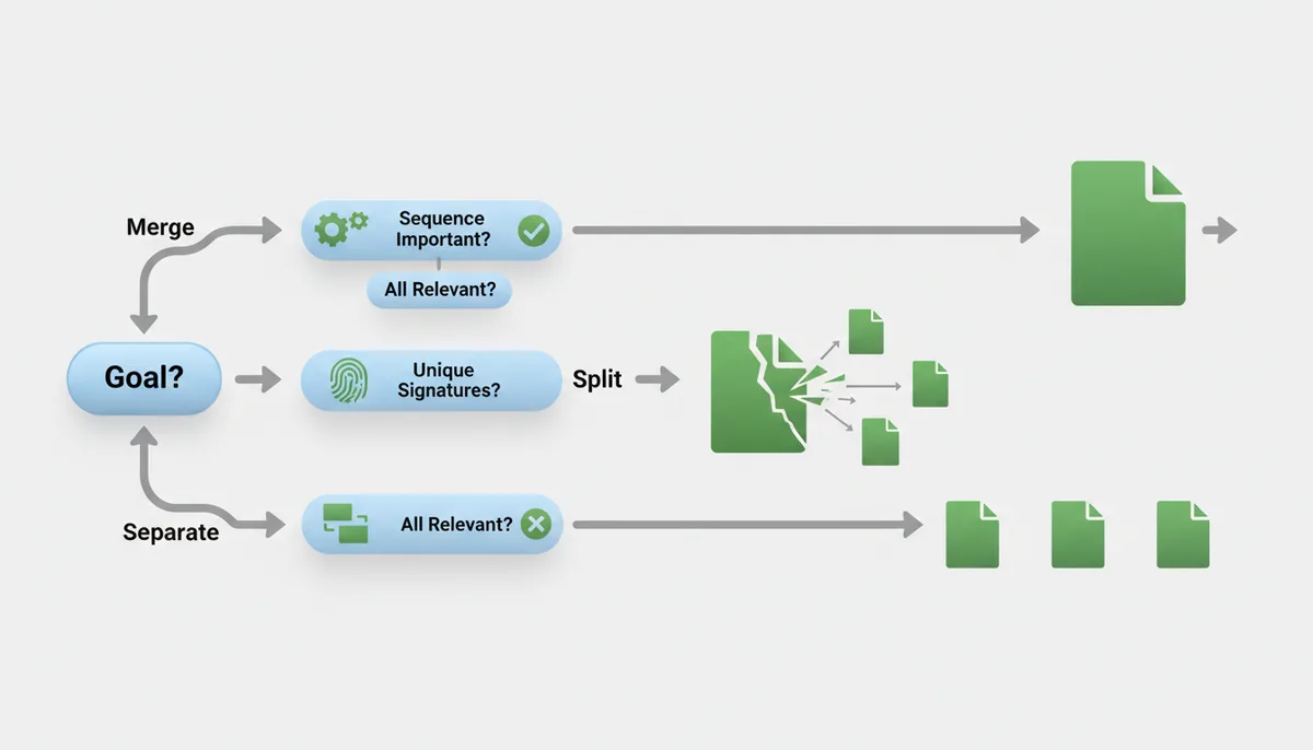 A decision tree diagram. It starts with 'Goal?' and branches through questions like 'Sequence Important?', 'All Relevant?', and 'Unique Signatures?', leading to three outcomes: 'Merge' (single document), 'Split' (one document splitting into many), or 'Separate' (multiple distinct documents).