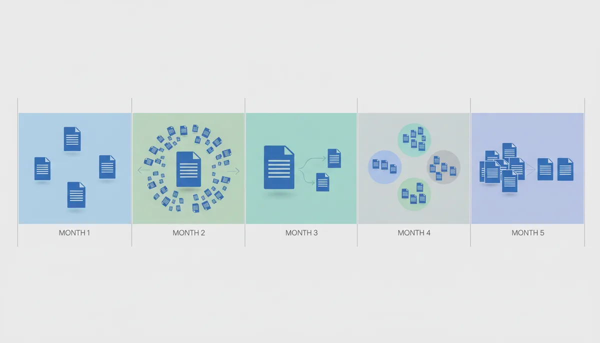 A timeline graphic with five segments, each representing a month. Month 1 shows separate contract documents. Month 2 shows multiple permit documents merging into one. Month 3 shows a change order document splitting into two. Month 4 shows various reports being categorized. Month 5 shows specific documents selected for an audit package.