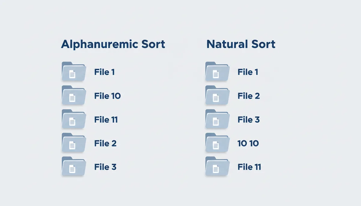 A two-column comparison. The left column, 'Alphanumeric Sort', shows File 1, File 10, File 11, File 2, File 3. The right column, 'Natural Sort', shows File 1, File 2, File 3, File 10, File 11.