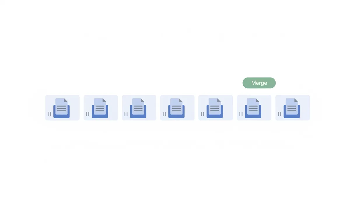 An abstract interface showing six PDF thumbnail placeholders arranged horizontally, each with a drag handle, and a 'Merge' button, illustrating manual reordering.